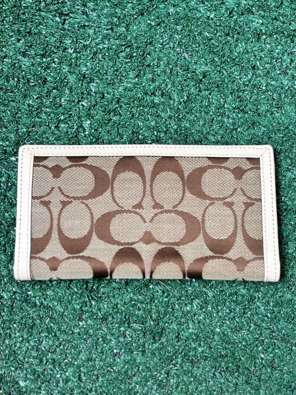 Coach Signature Canvas Checkbook Wallet Brown Khaki Leather Trim Bifold Wallet